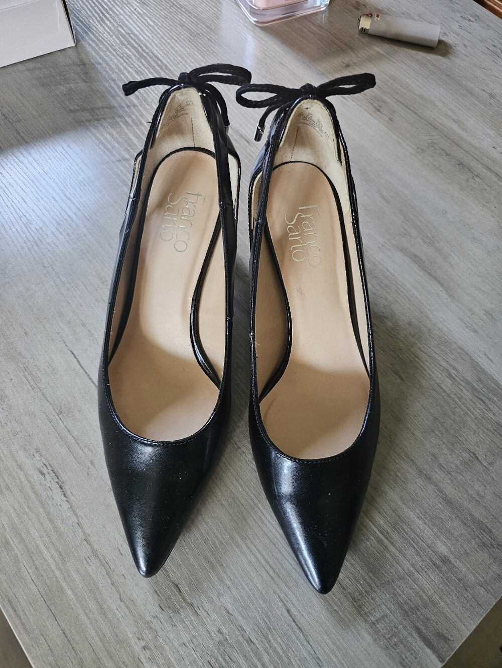 Franco Sarto Black Kitten Heels With Cut-Outs And Black Bows Size 7.5